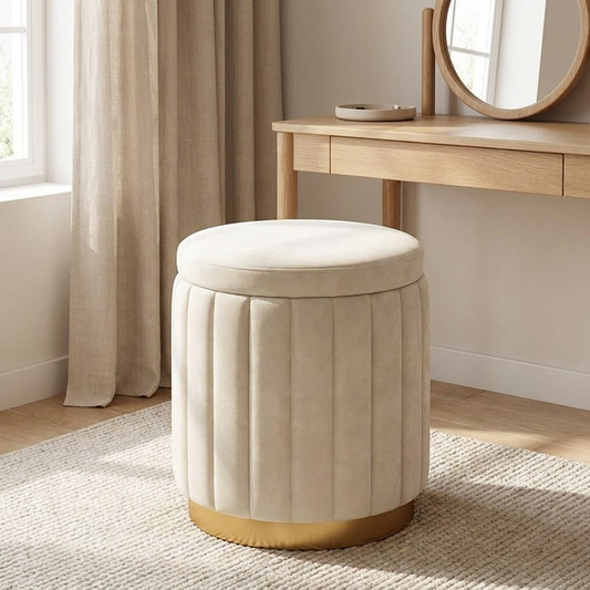 Blythe storage stool styled in a bedroom