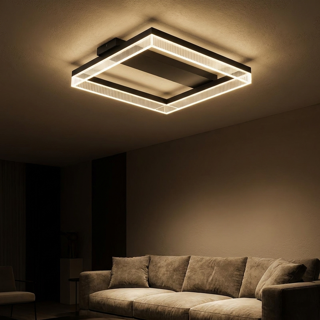 Brennan flush ceiling light, lit at night