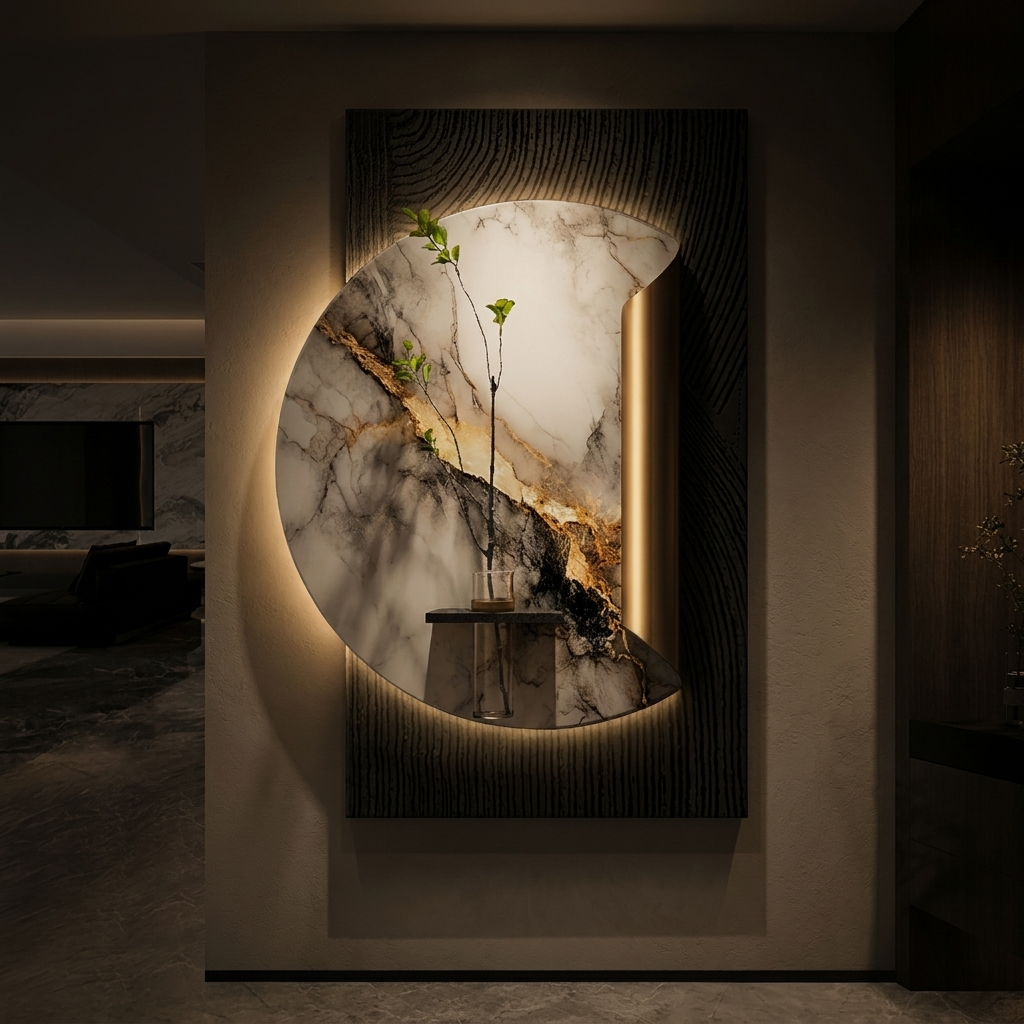 Crane backlit wall art panel, lit at night