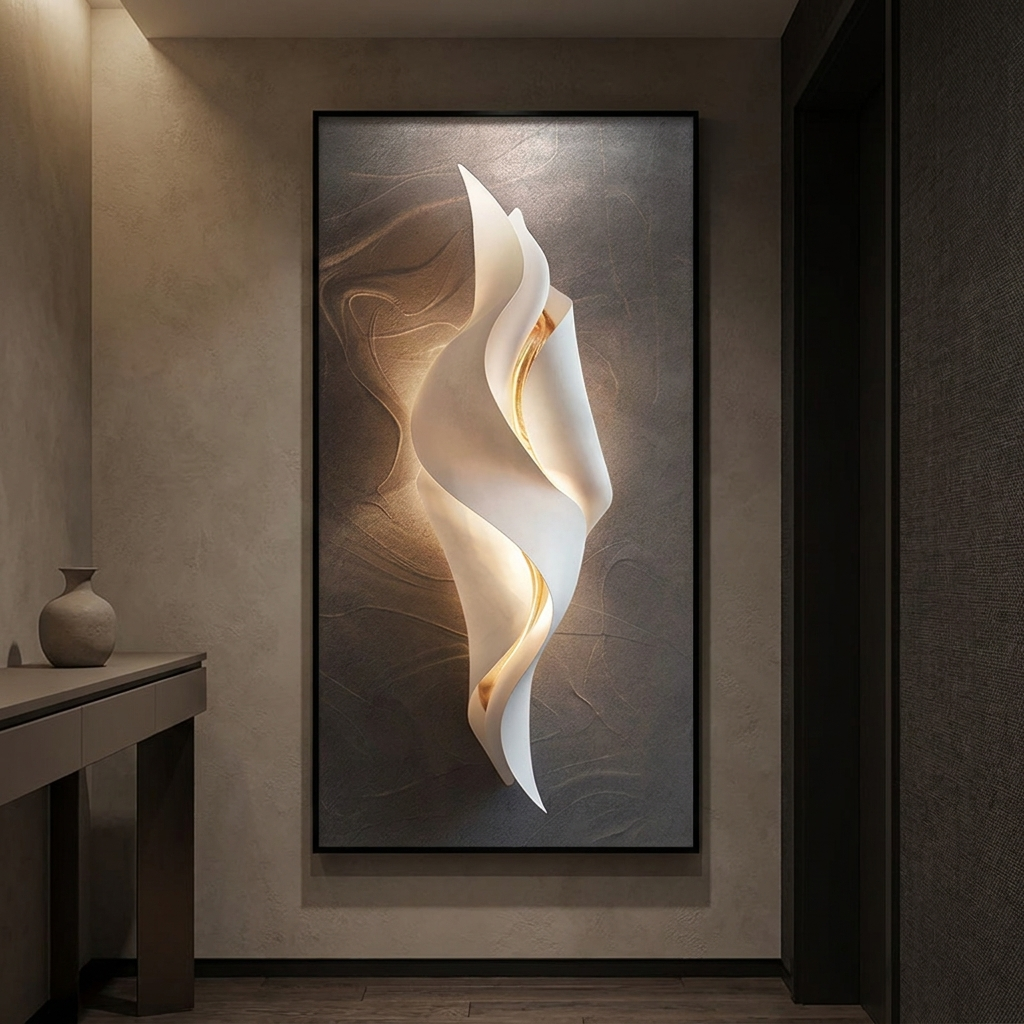 Finch backlit wall art panel, lit at night