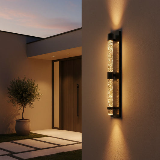 Bastion Outdoor Sconce styled at a villa entryway at dusk