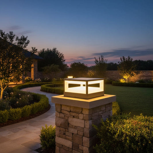 Solara Pillar Light - styled at a garden gate pillar