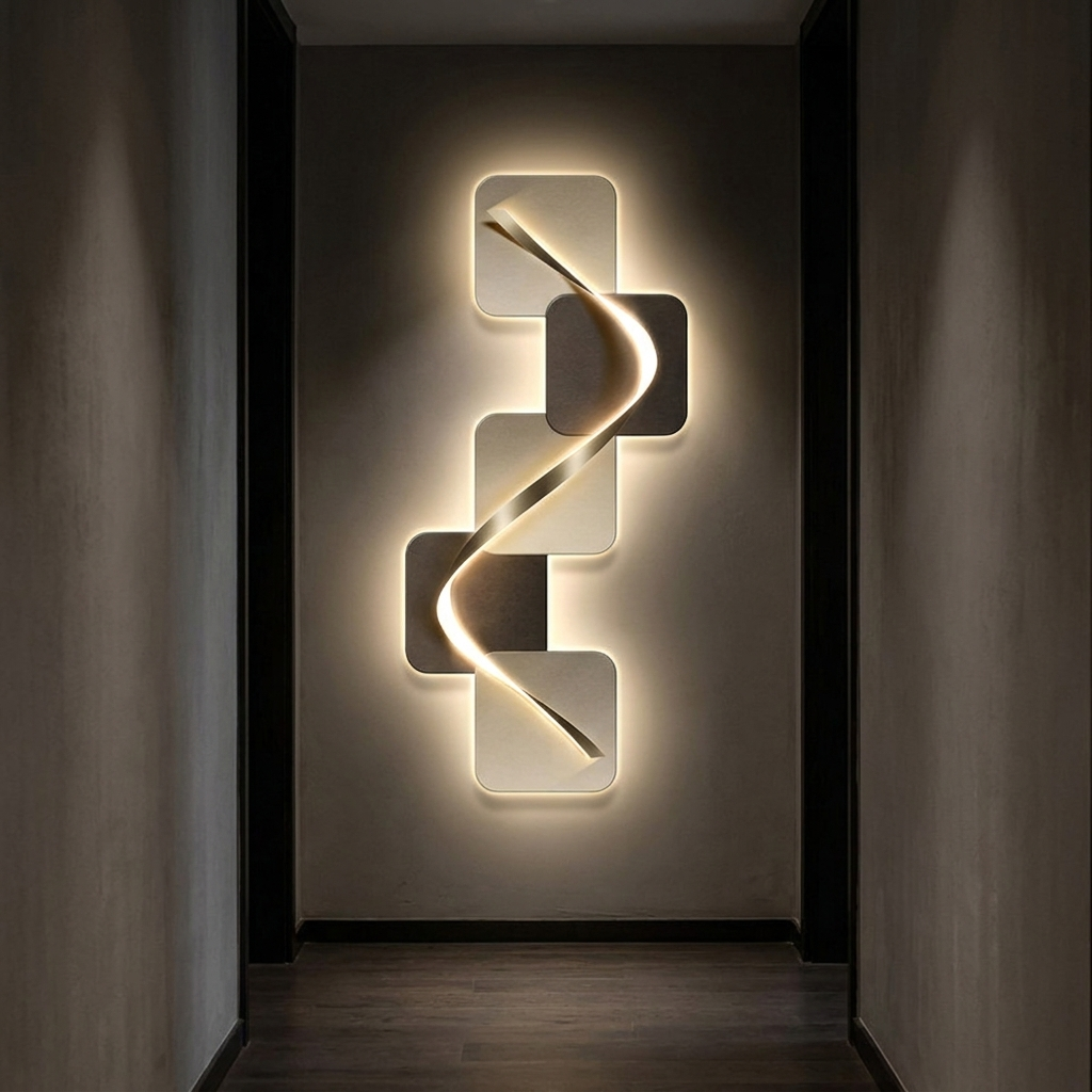 Muro wall art, lit at night