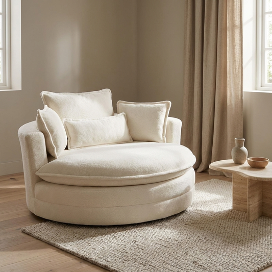 Phoebe round sofa styled in a living room