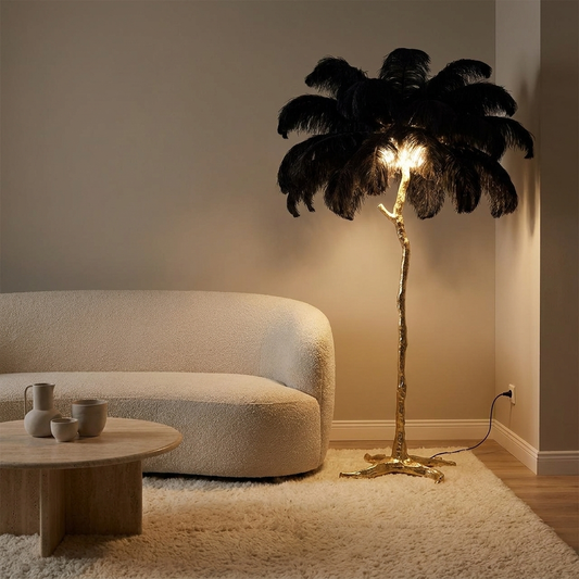 Plume floor lamp styled in a living room