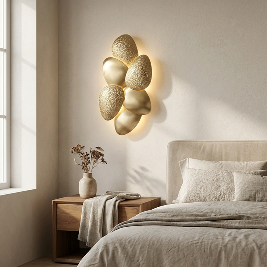 Nacre wall sconce styled in a bedroom