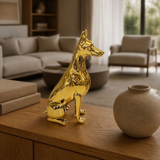 Rufus dog figurine styled in a living room