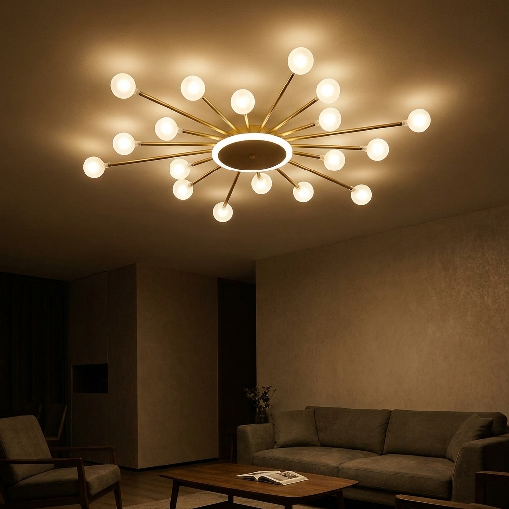 Varro semi-flush chandelier, lit at night