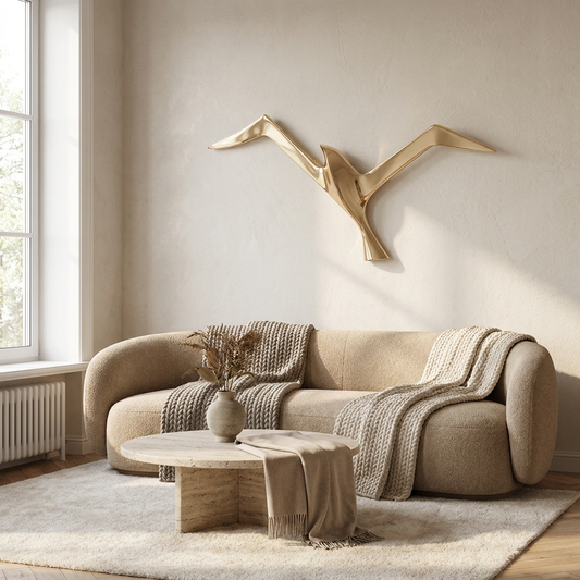 Aerie bird sculpture styled in a living room