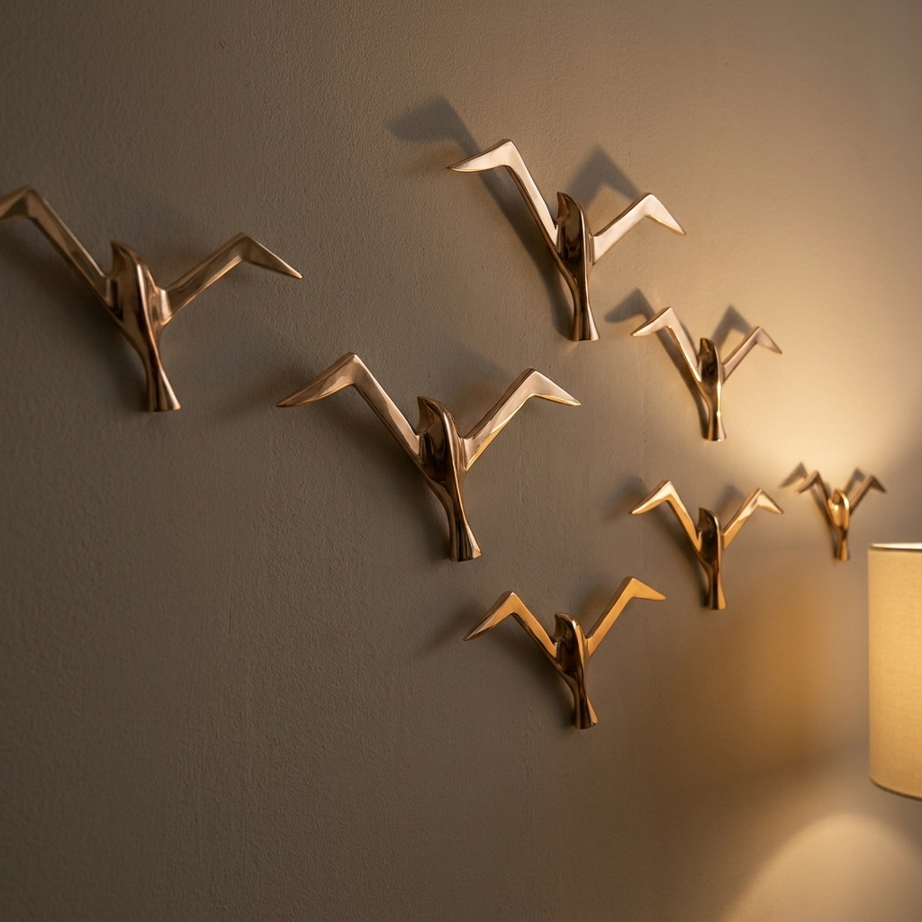 Aerie bird sculpture, lit at night