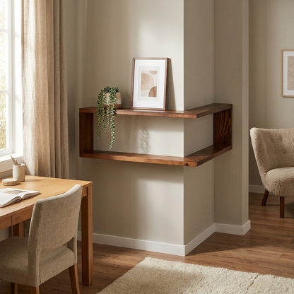 Aldric corner wall shelf styled in a study