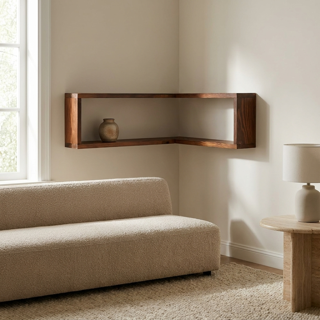 Aldric corner wall shelf styled in a living room