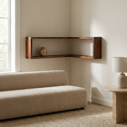 Aldric corner wall shelf styled in a living room