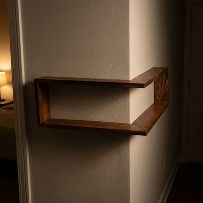 Aldric corner wall shelf, lit at night