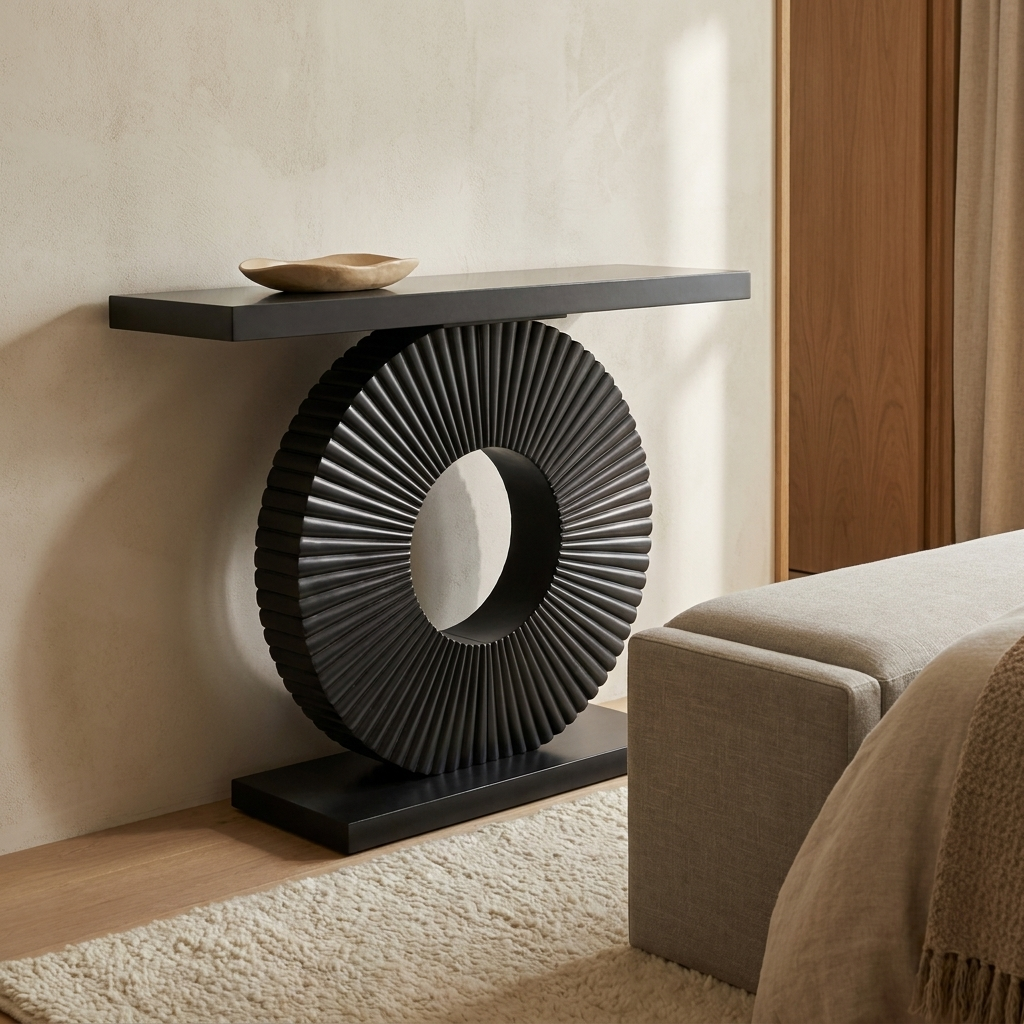 Atelier console table styled in a bedroom