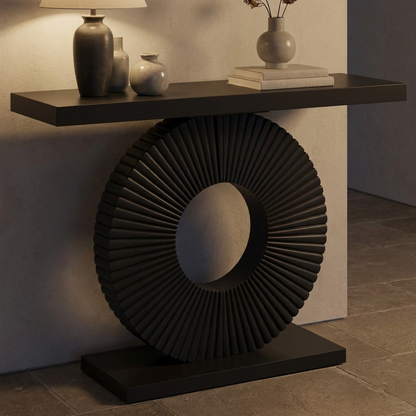 Atelier console table, lit at night