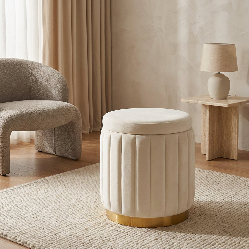 Blythe storage stool styled in a living room