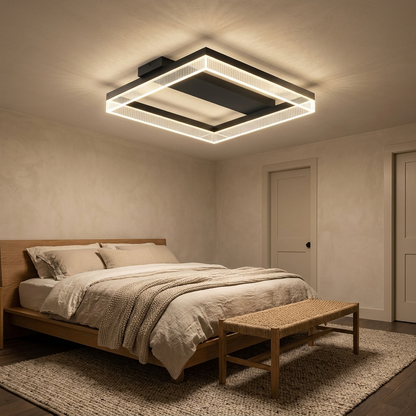 Brennan flush ceiling light styled in a bedroom