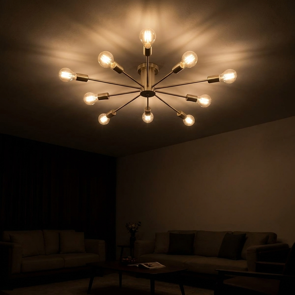 Cavell semi-flush ceiling light, lit at night