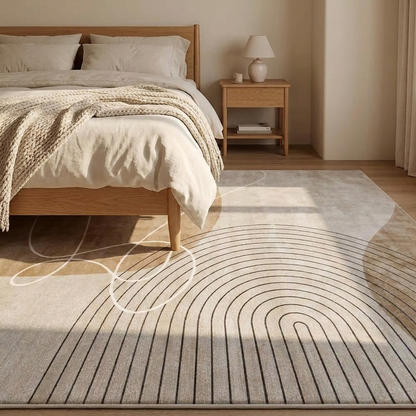 Cendre rug styled in a bedroom