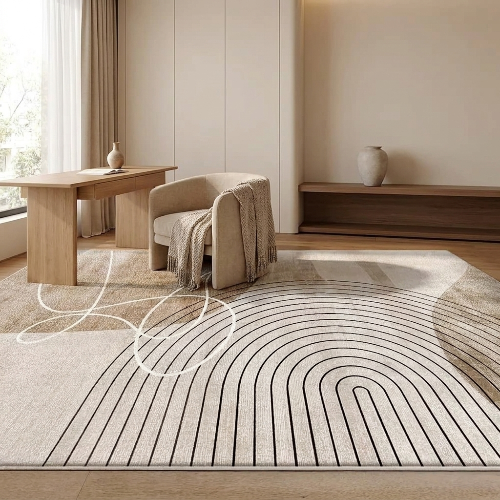 Cendre rug styled in a study