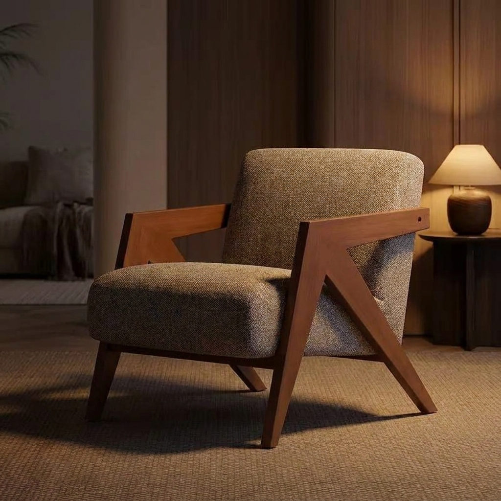 Clio lounge armchair, lit at night