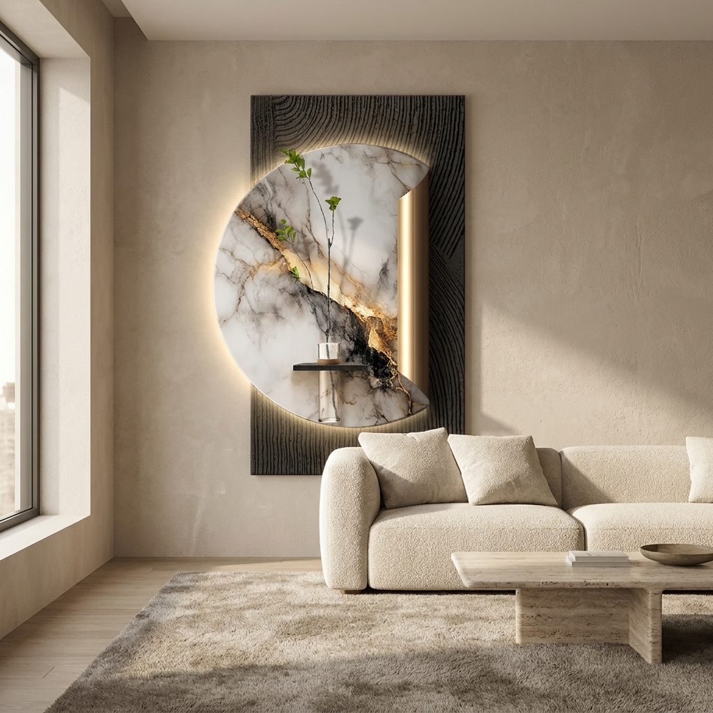 Crane backlit wall art panel styled in a living room