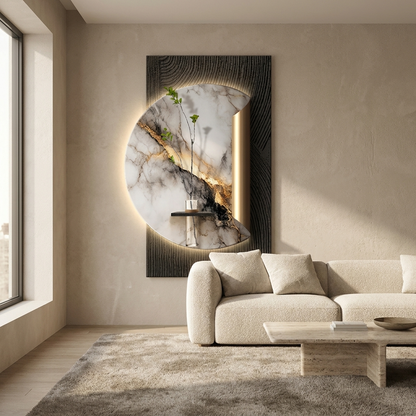 Crane backlit wall art panel styled in a living room