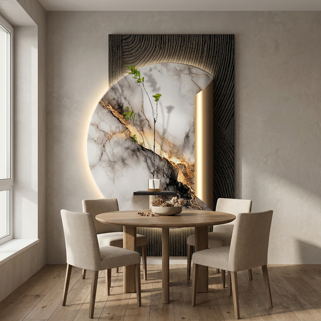 Crane backlit wall art panel styled in a dining room