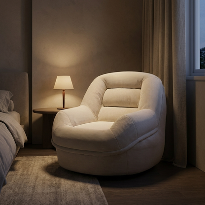 Divan floor lounge chair, lit at night