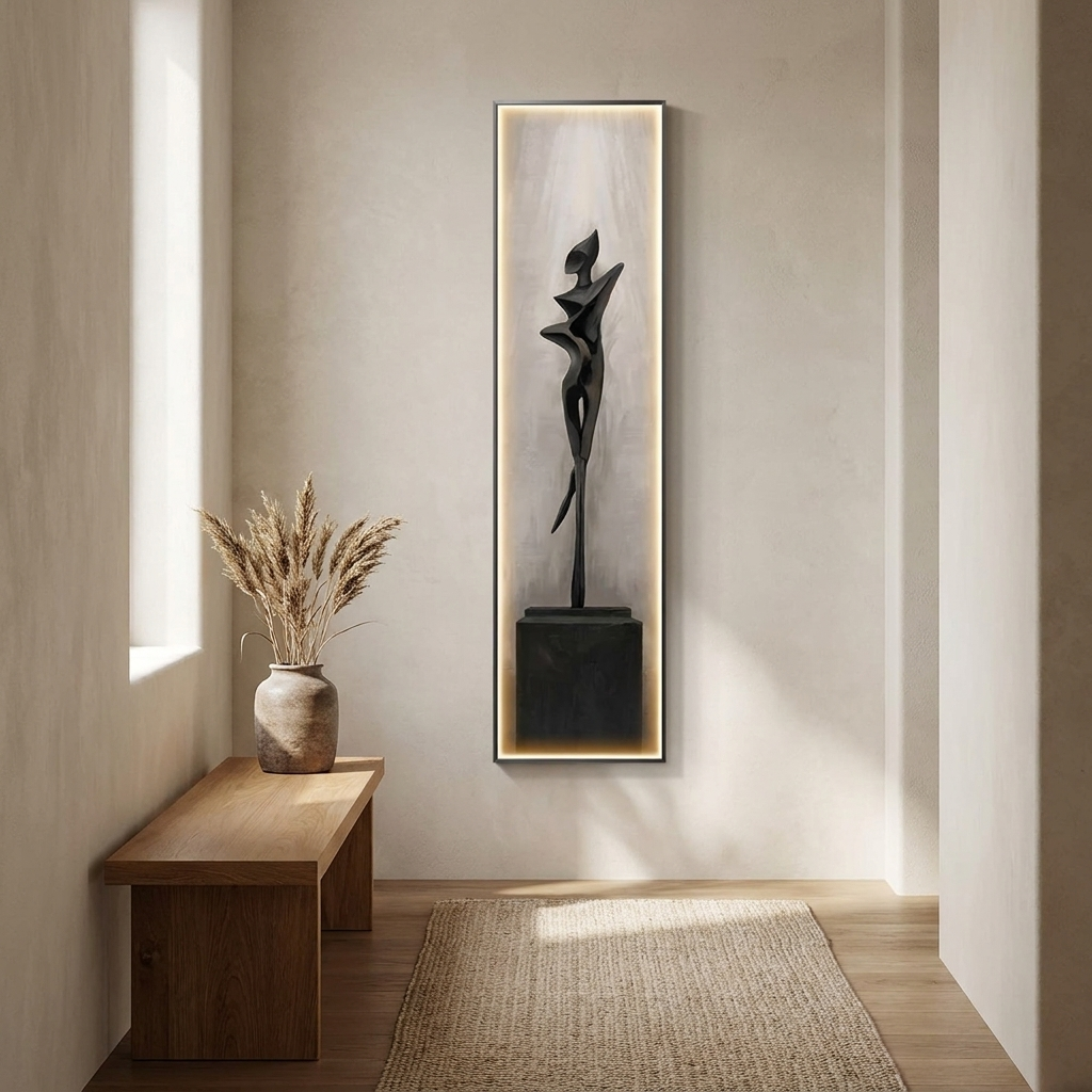 Drift backlit wall art panel styled in a hallway