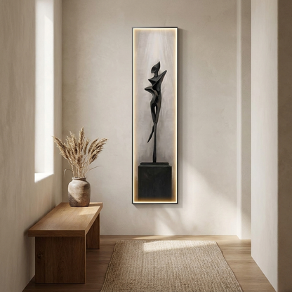 Drift backlit wall art panel styled in a hallway