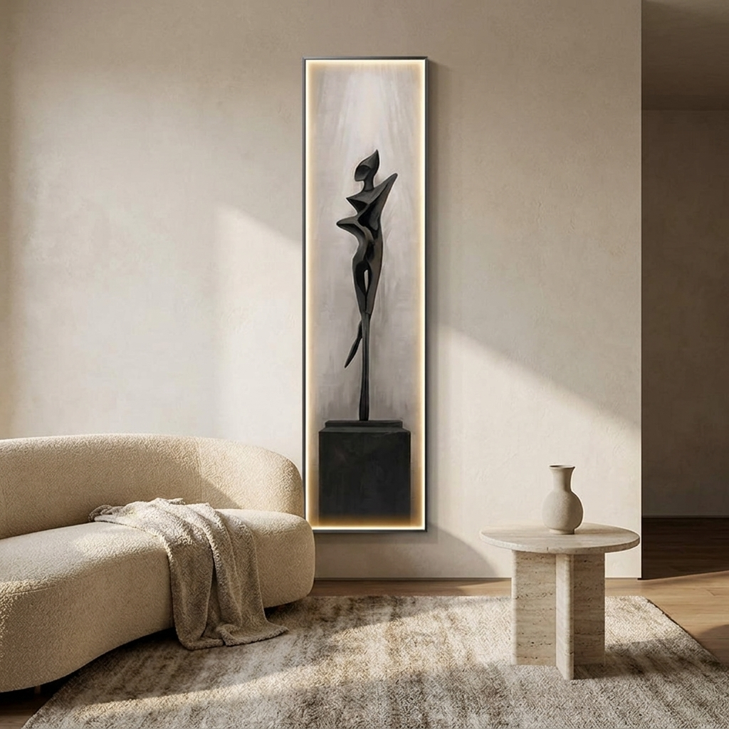 Drift backlit wall art panel styled in a living room