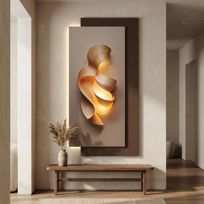 Dune backlit wall art panel styled in a hallway
