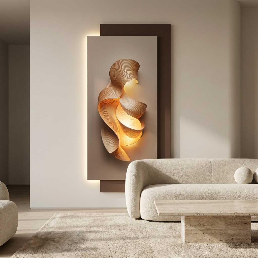 Dune backlit wall art panel styled in a living room