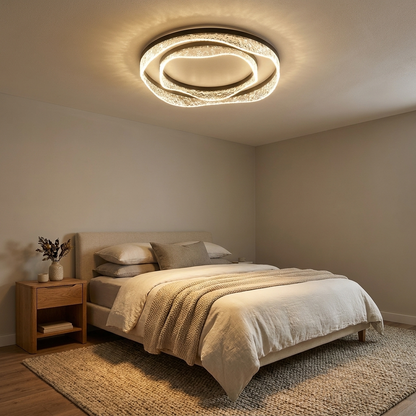 Elara flush ceiling light styled in a bedroom