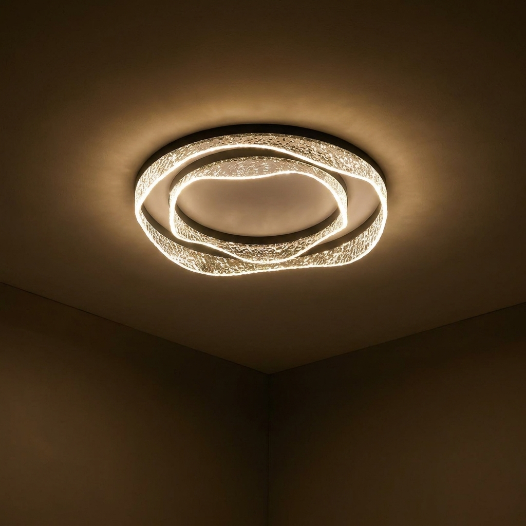 Elara flush ceiling light, lit at night