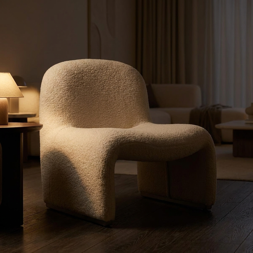 Fable accent chair, lit at night