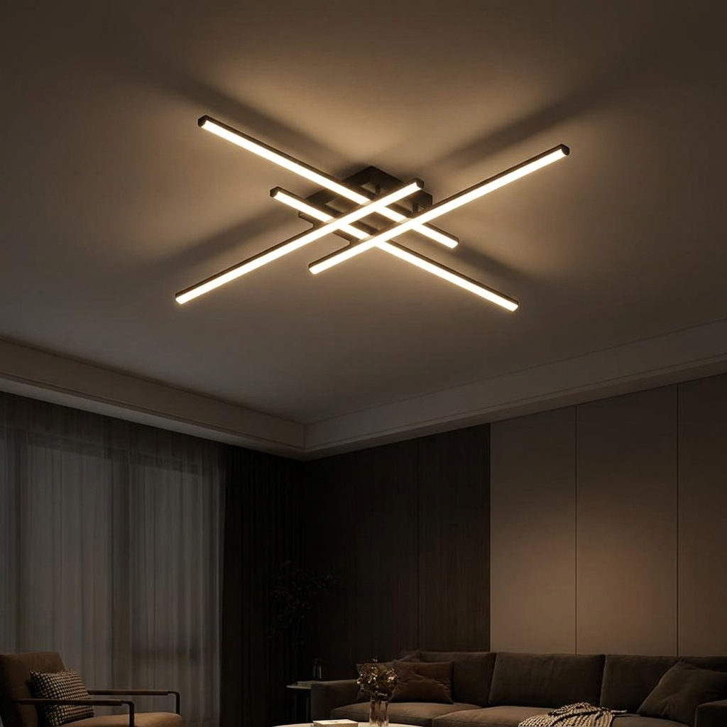 Fenwick flush ceiling light, lit at night