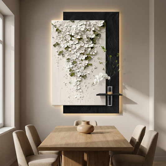 Fern backlit wall art panel styled in a dining room