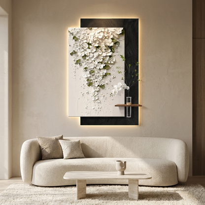 Fern backlit wall art panel styled in a living room