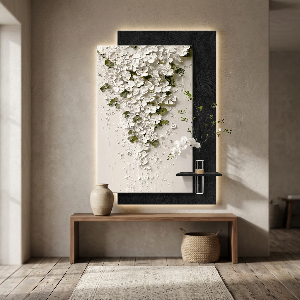 Fern backlit wall art panel styled in a entry