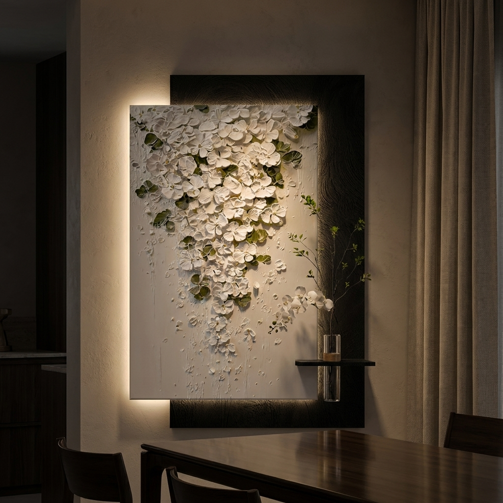 Fern backlit wall art panel, lit at night