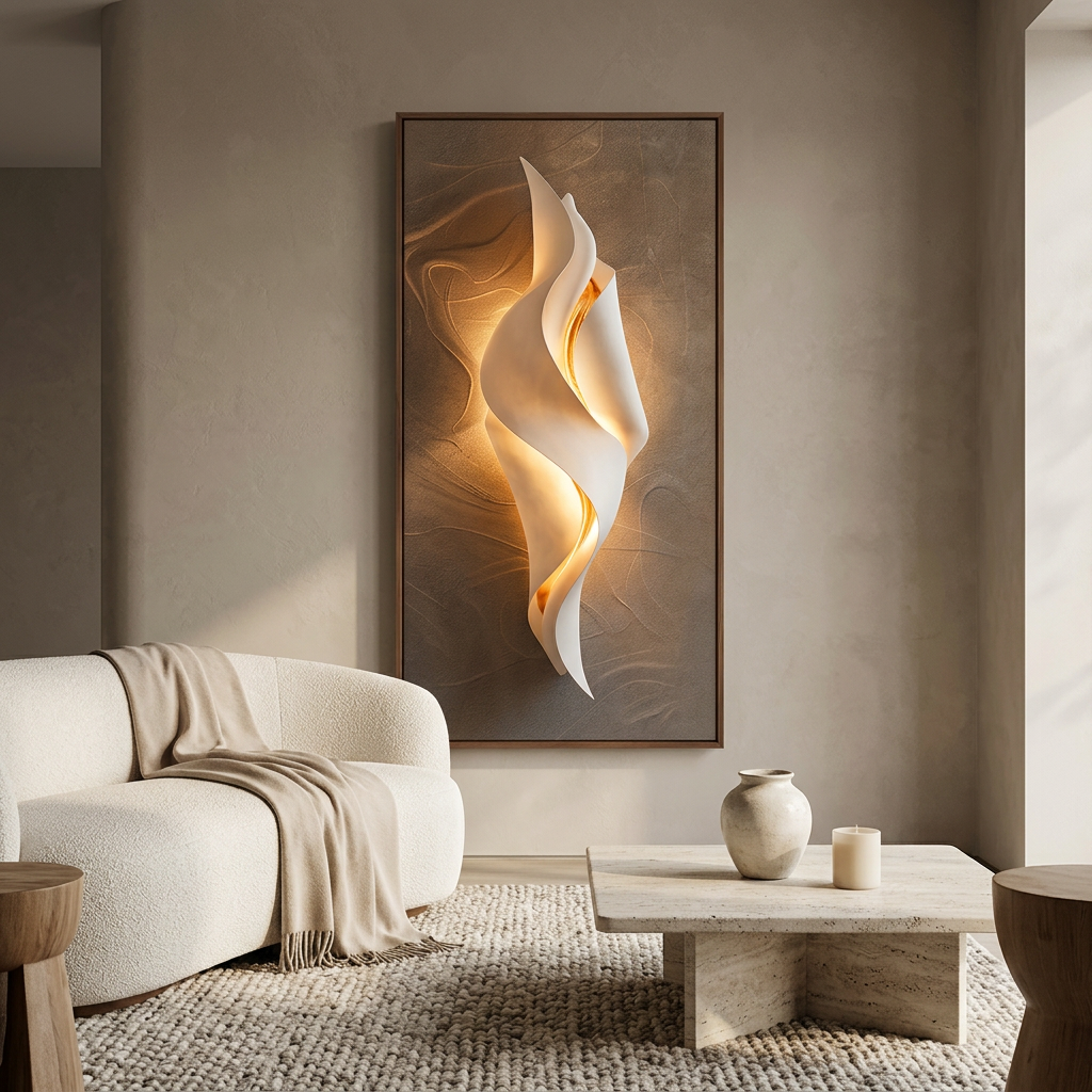 Finch backlit wall art panel styled in a living room