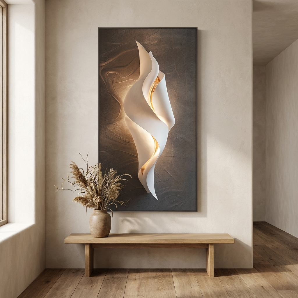 Finch backlit wall art panel styled in a hallway