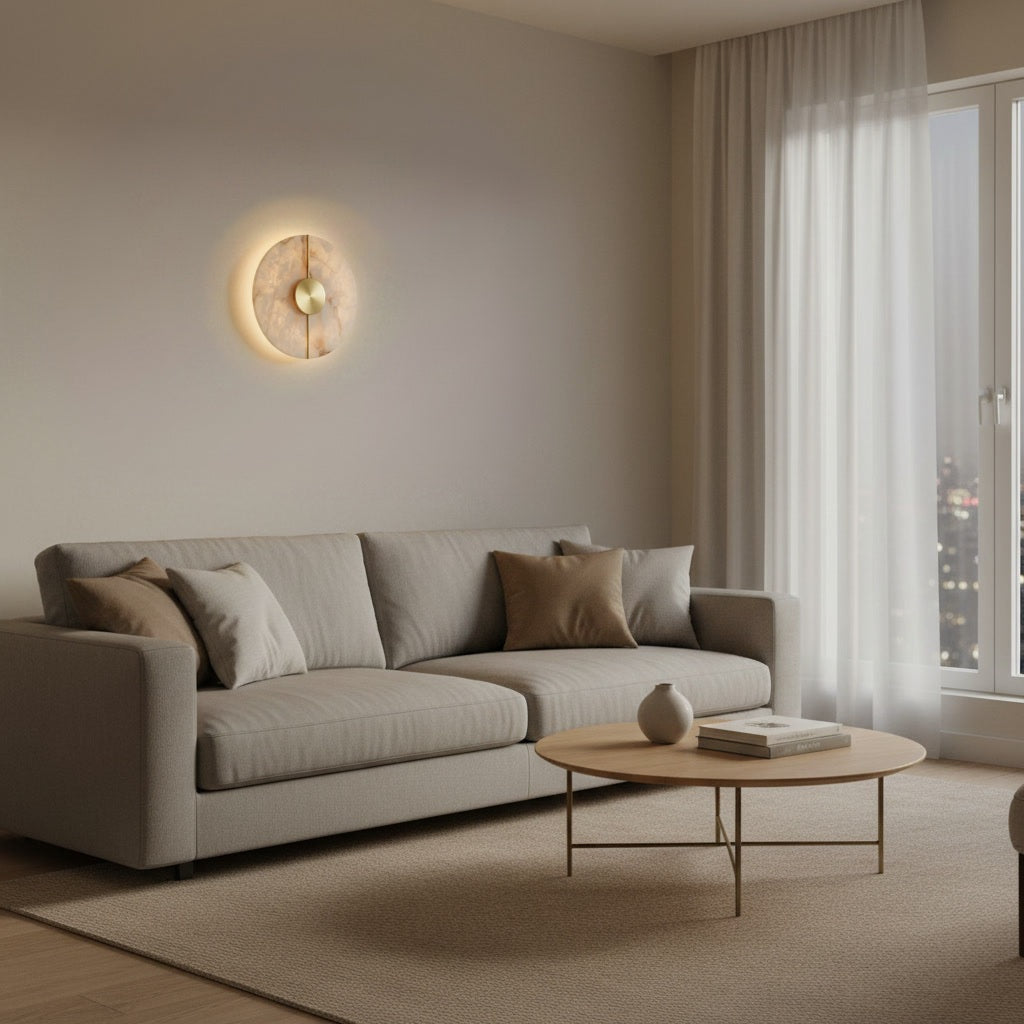 Selene Alabaster Sconce styled above a sofa