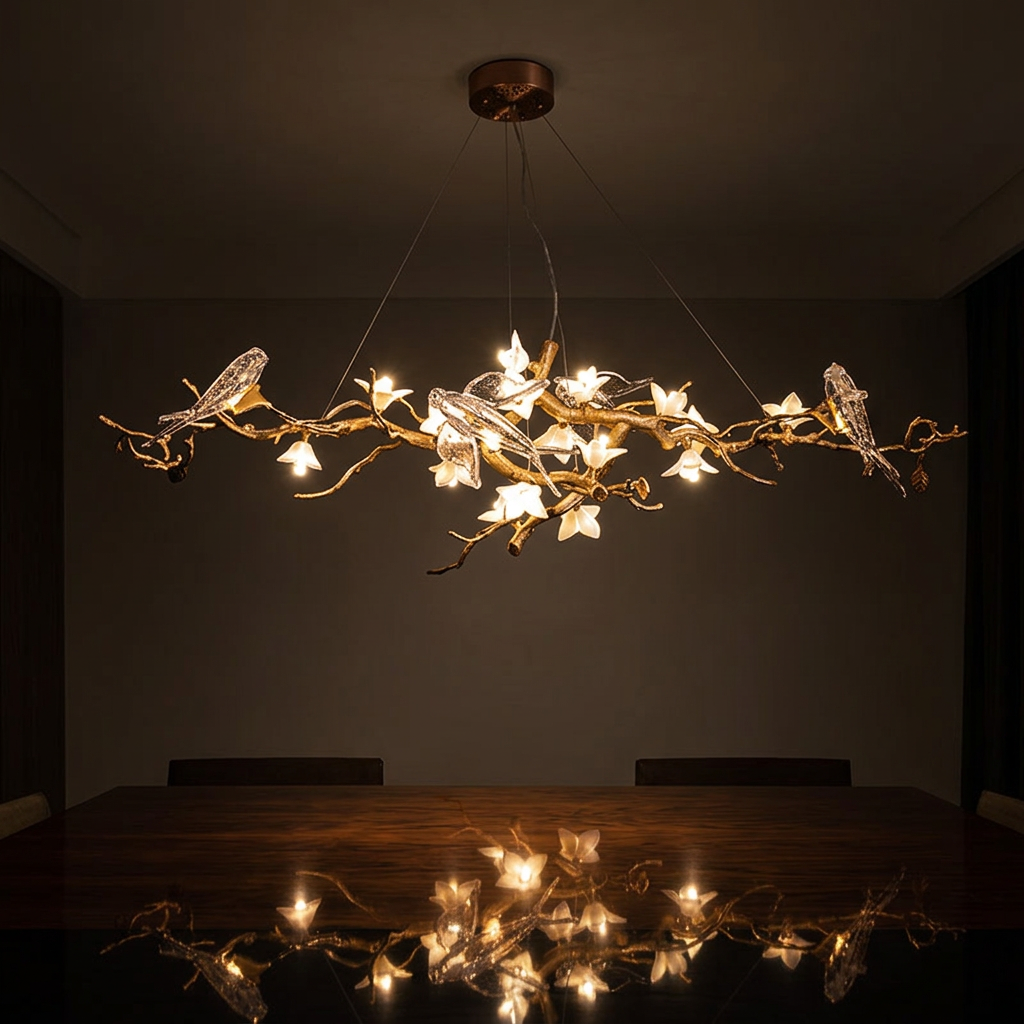 Florian chandelier, lit at night