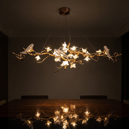 Florian chandelier, lit at night