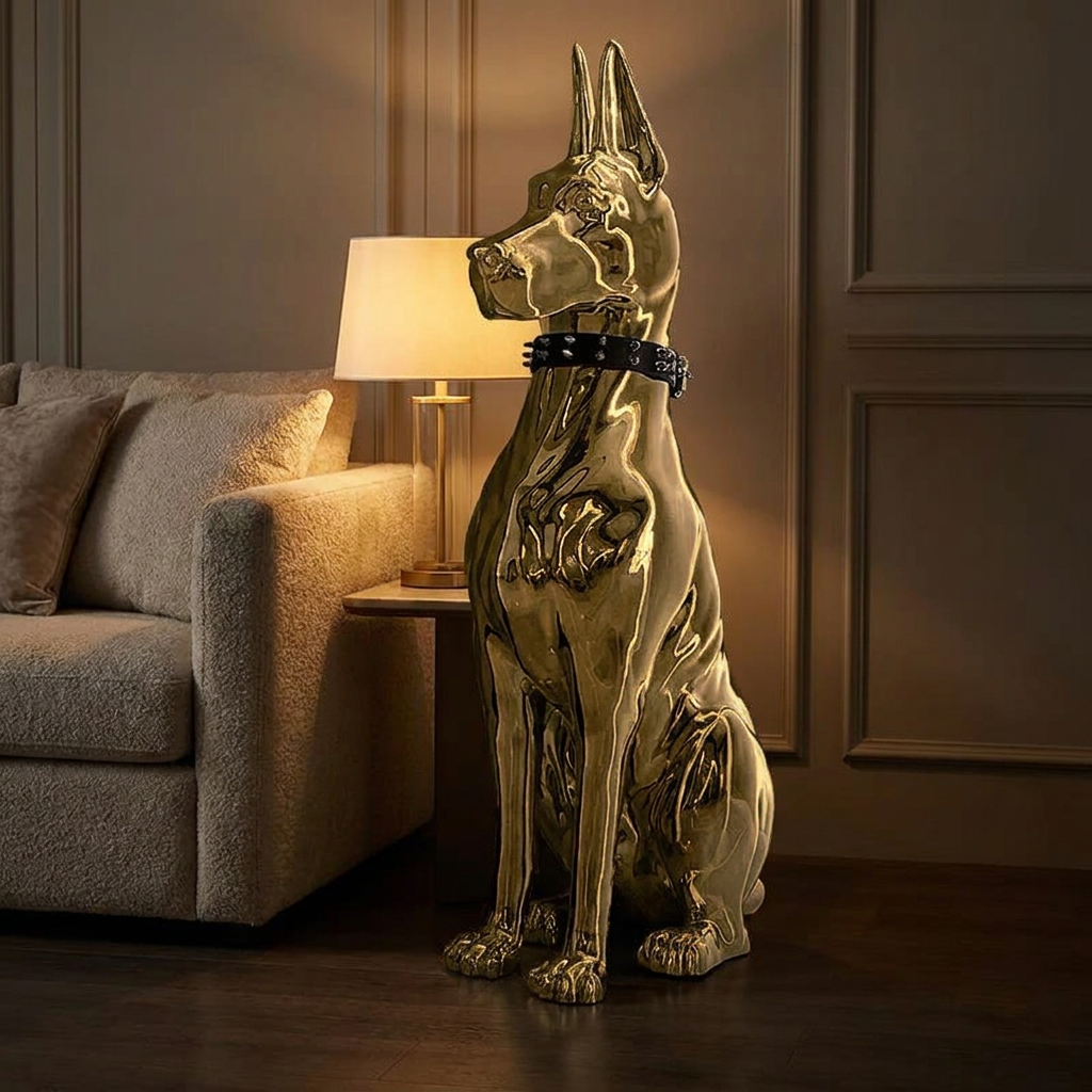 Hound sculpture, lit at night