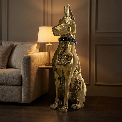 Hound sculpture, lit at night